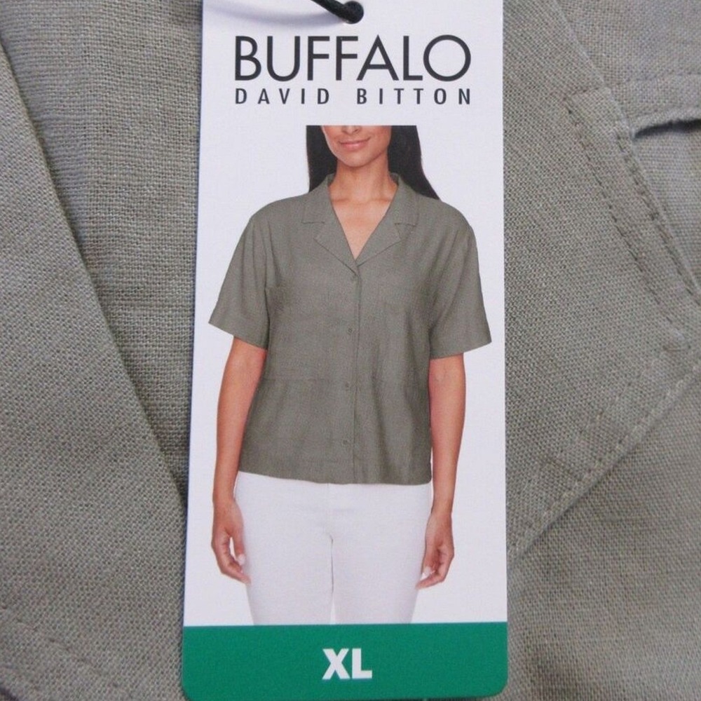 BUFFALO DAVID BITTON Linen Blend Shirt Size XL Olive Green Boxy Top Blouse NWT